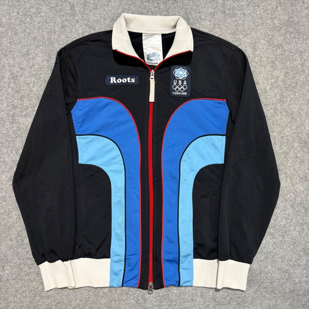 Vintage Roots Torino 2006 USA Olympics Track Jacket Black Blue Mens Medium
